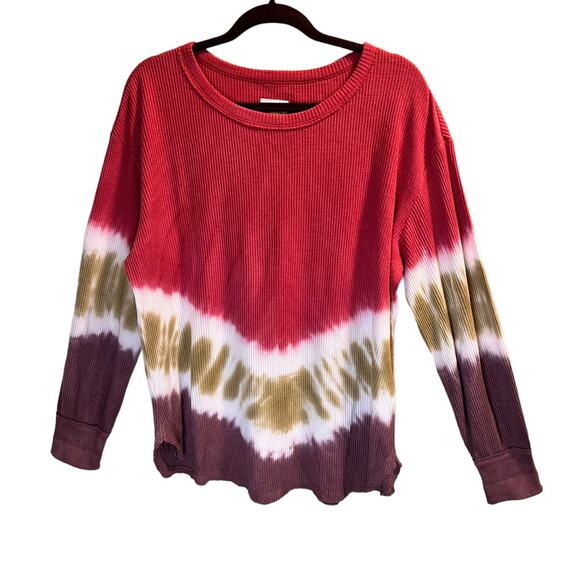 Terra & Sky Tie Dye Waffle Knit Top Long Sleeve Size 14W (0X) Red Gold Burgundy - Picture 1 of 11